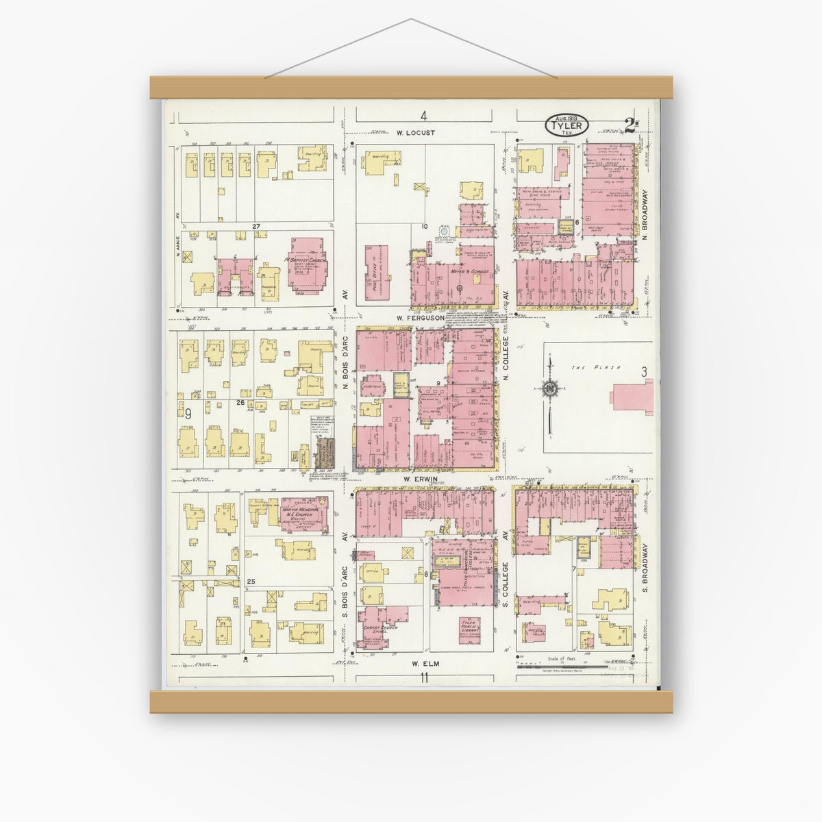 Old map wall art mockup — magnetic wood frame on white wall — Sanborn Fire Insurance Map from Tyler, Smith County, Texas (1919), Sheet #0002