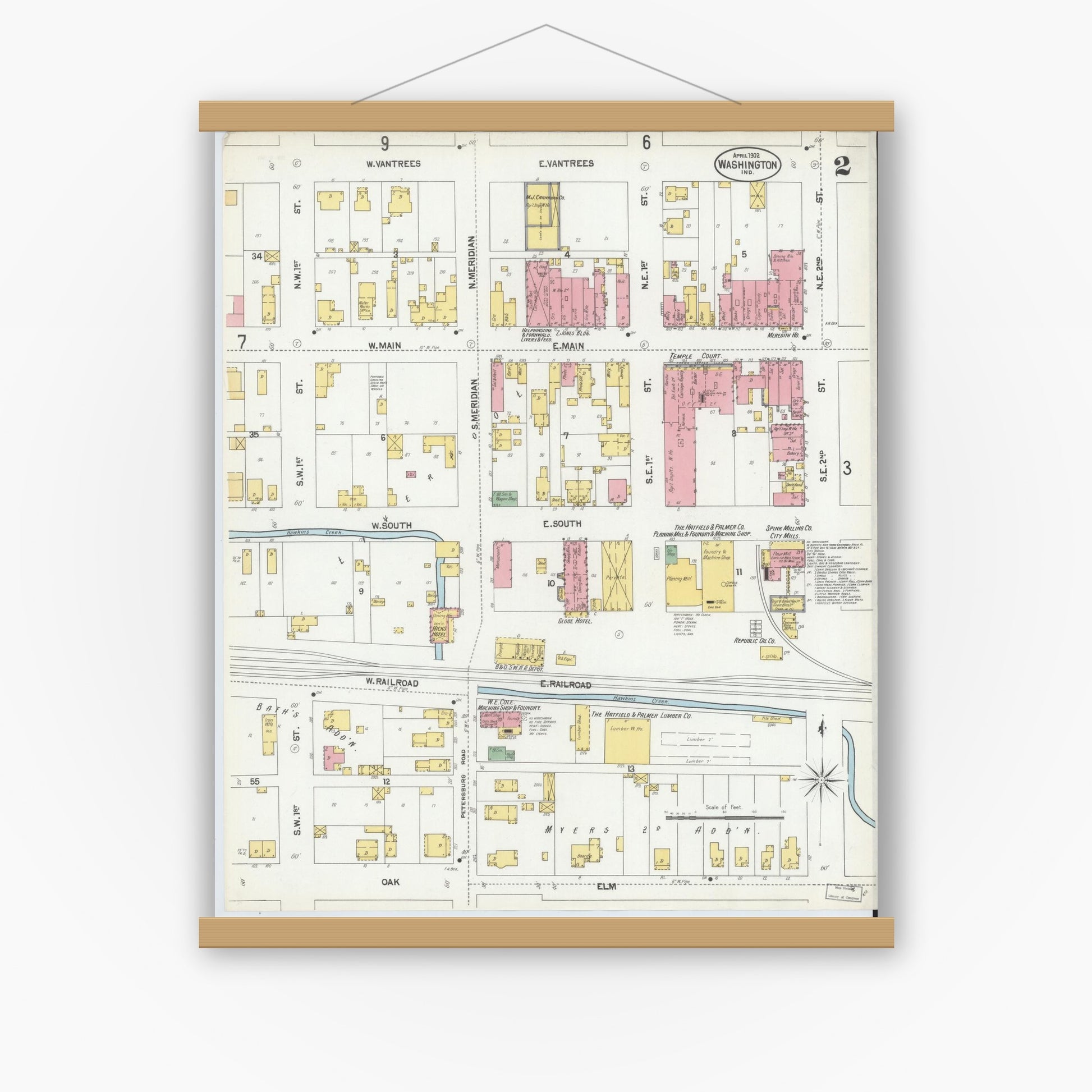 Old map wall art mockup — magnetic wood frame on white wall — Sanborn Fire Insurance Map from Washington, Daviess County, Indiana (1902), Sheet #0002