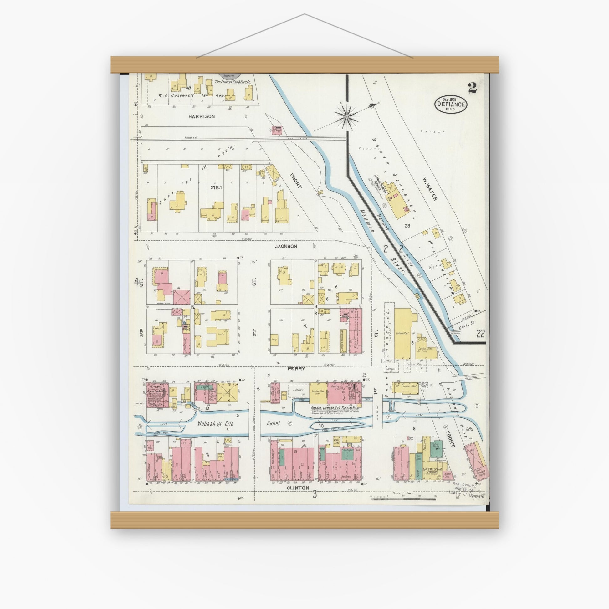 Old map wall art mockup — magnetic wood frame on white wall — Sanborn Fire Insurance Map from Defiance, Defiance County, Ohio (1905), Sheet #0002