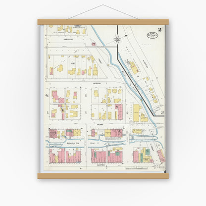 Old map wall art mockup — magnetic wood frame on white wall — Sanborn Fire Insurance Map from Defiance, Defiance County, Ohio (1905), Sheet #0002