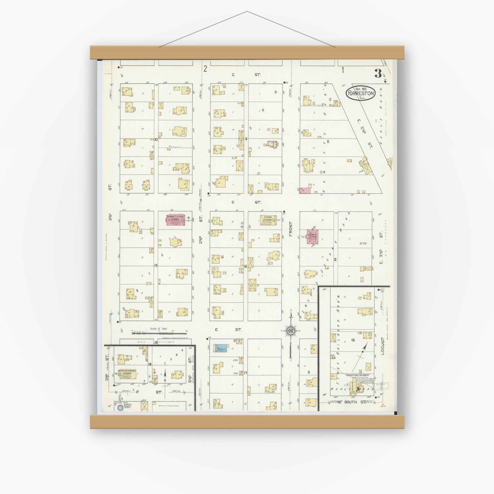 Old map wall art mockup — magnetic wood frame on white wall — Sanborn Fire Insurance Map from Forreston, Ogle County, Illinois (1912), Sheet #0003