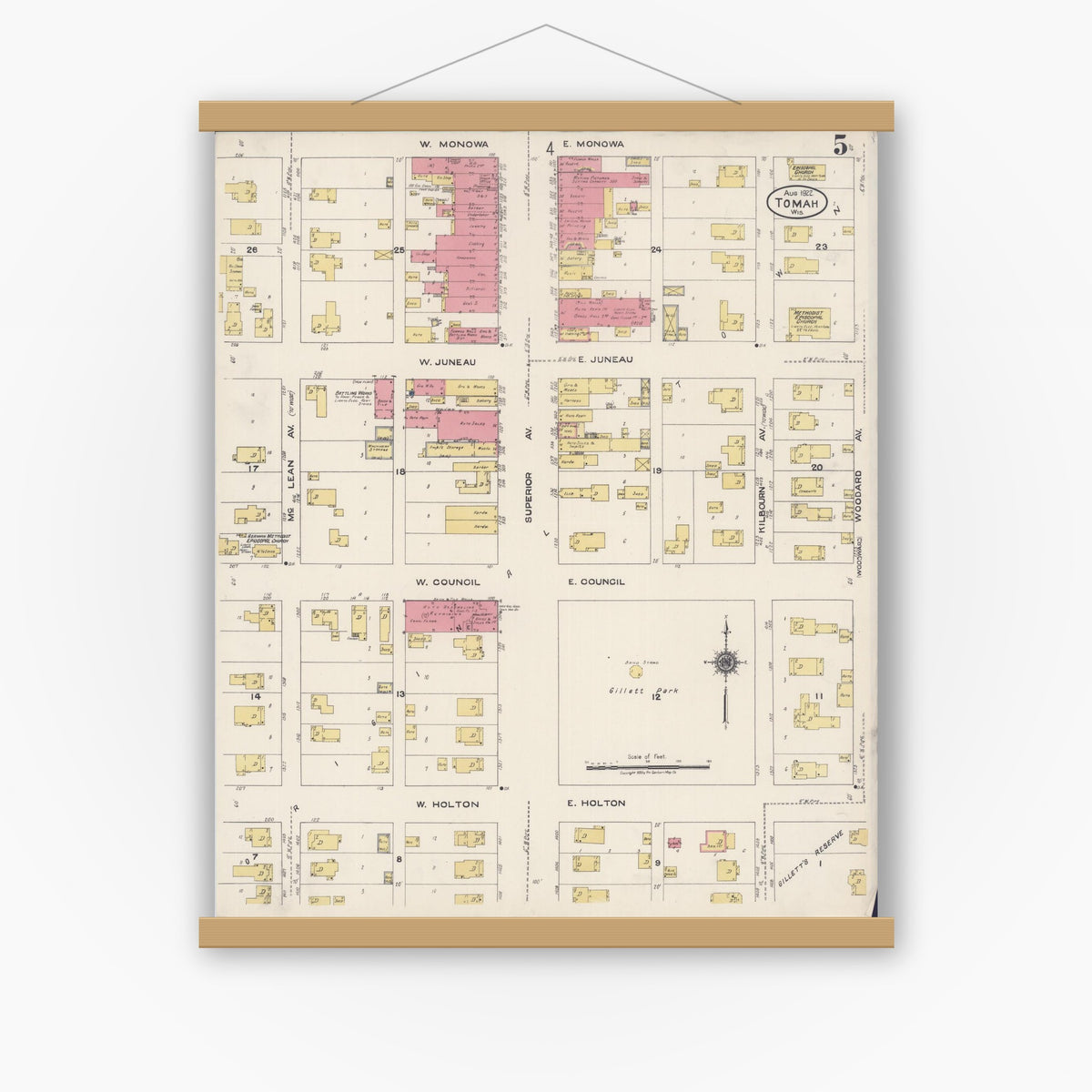 Old map wall art mockup — magnetic wood frame on white wall — Sanborn Fire Insurance Map from Tomah, Monroe County, Wisconsin (1922), Sheet #0005