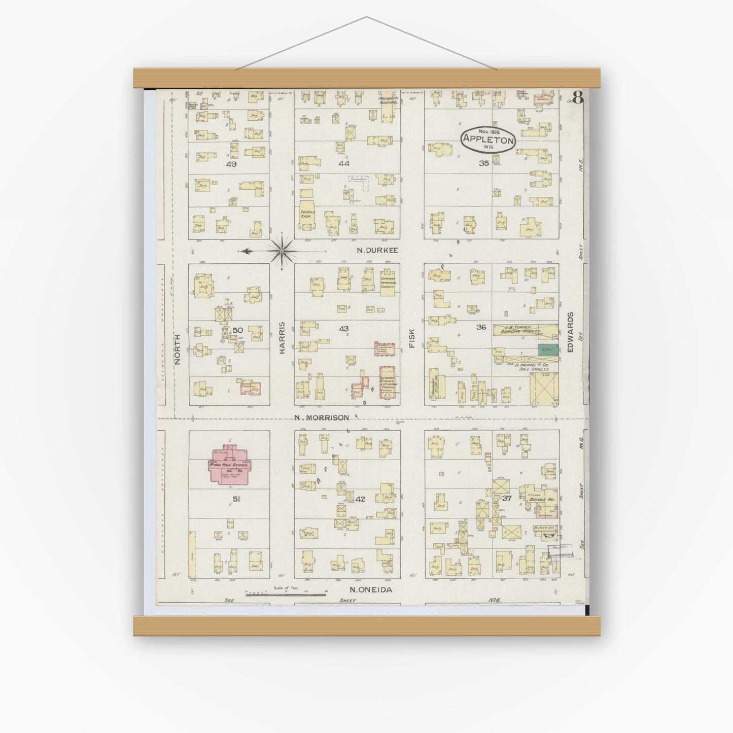 Old map wall art mockup — magnetic wood frame on white wall — Sanborn Fire Insurance Map from Appleton, Outagamie County, Wisconsin (1886), Sheet #0008