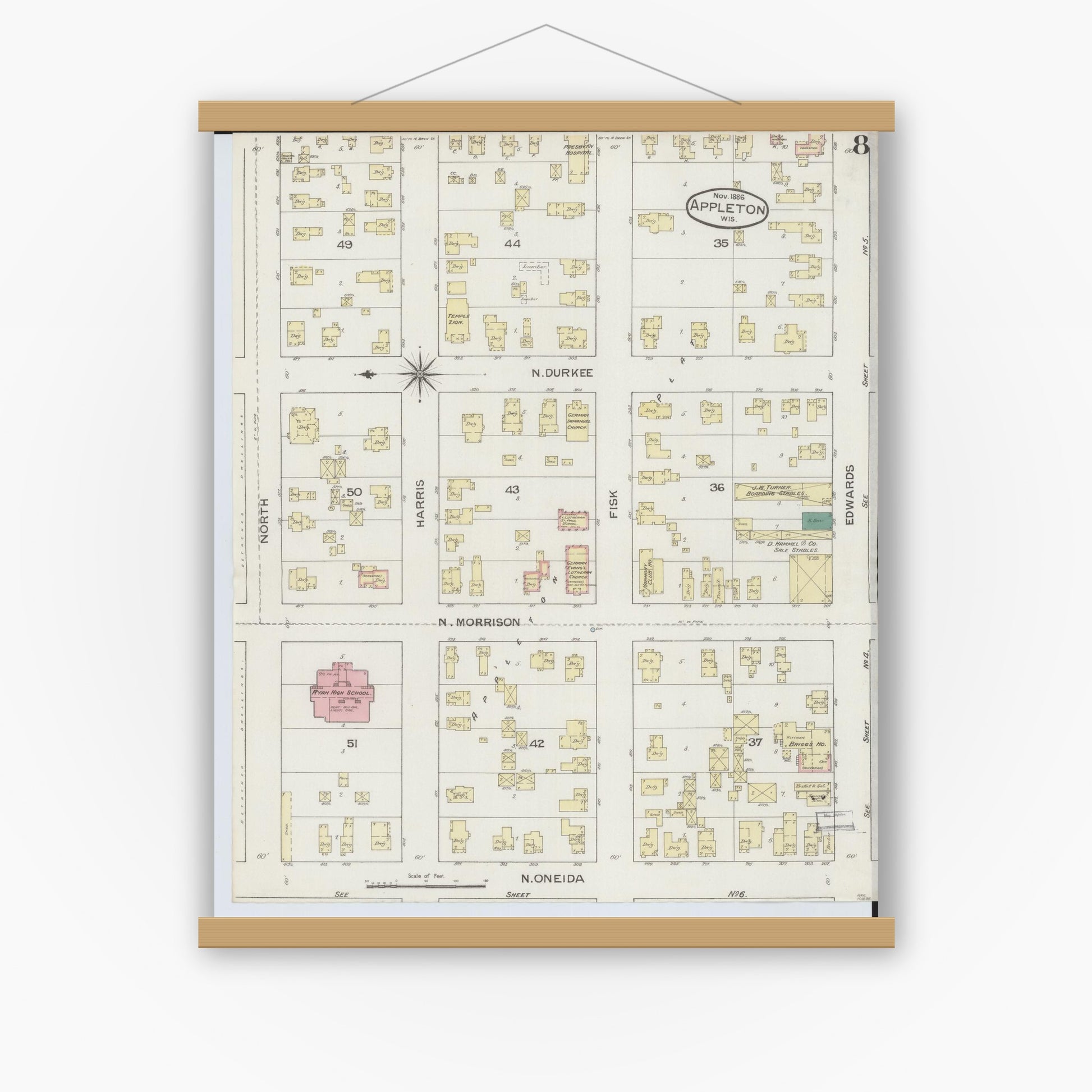 Old map wall art mockup — magnetic wood frame on white wall — Sanborn Fire Insurance Map from Appleton, Outagamie County, Wisconsin (1886), Sheet #0008