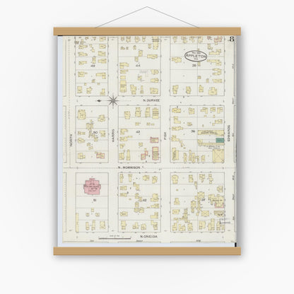 Old map wall art mockup — magnetic wood frame on white wall — Sanborn Fire Insurance Map from Appleton, Outagamie County, Wisconsin (1886), Sheet #0008
