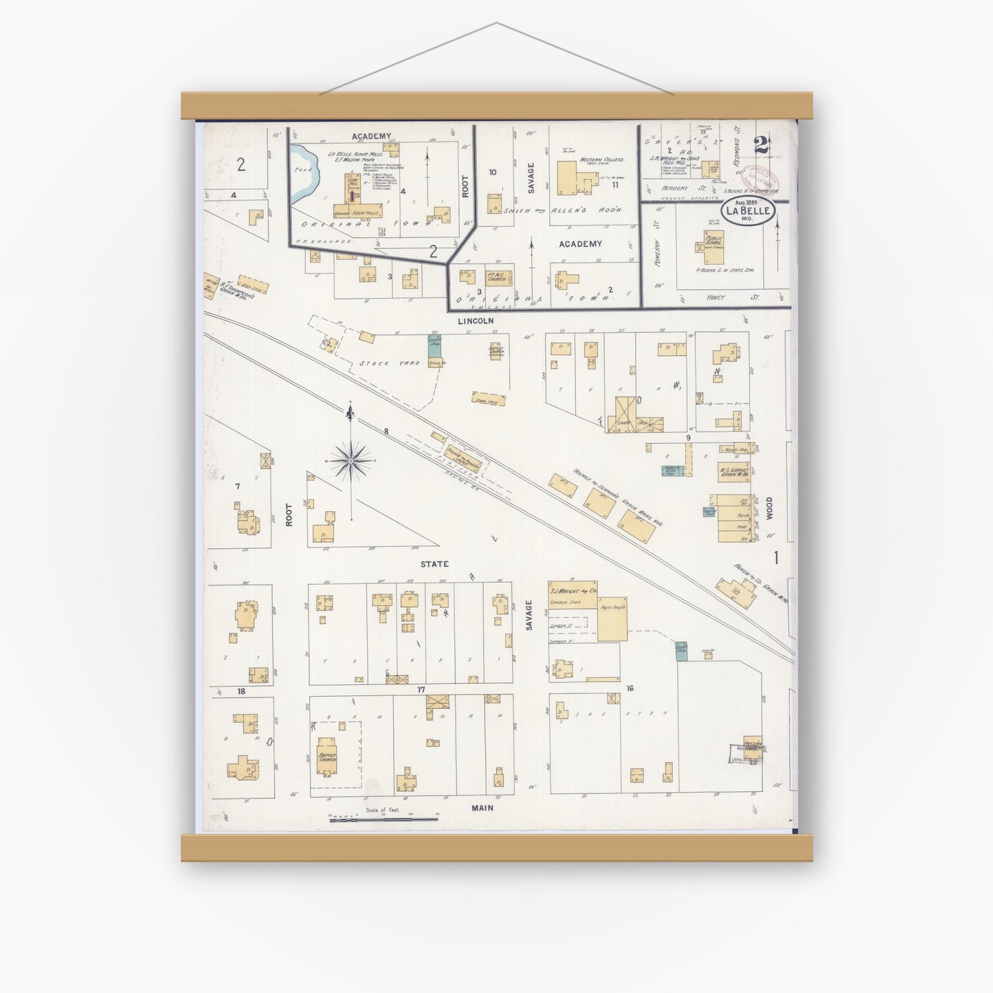 Old map wall art mockup — magnetic wood frame on white wall — Sanborn Fire Insurance Map from La Belle, Lewis County, Missouri (1899), Sheet #0002