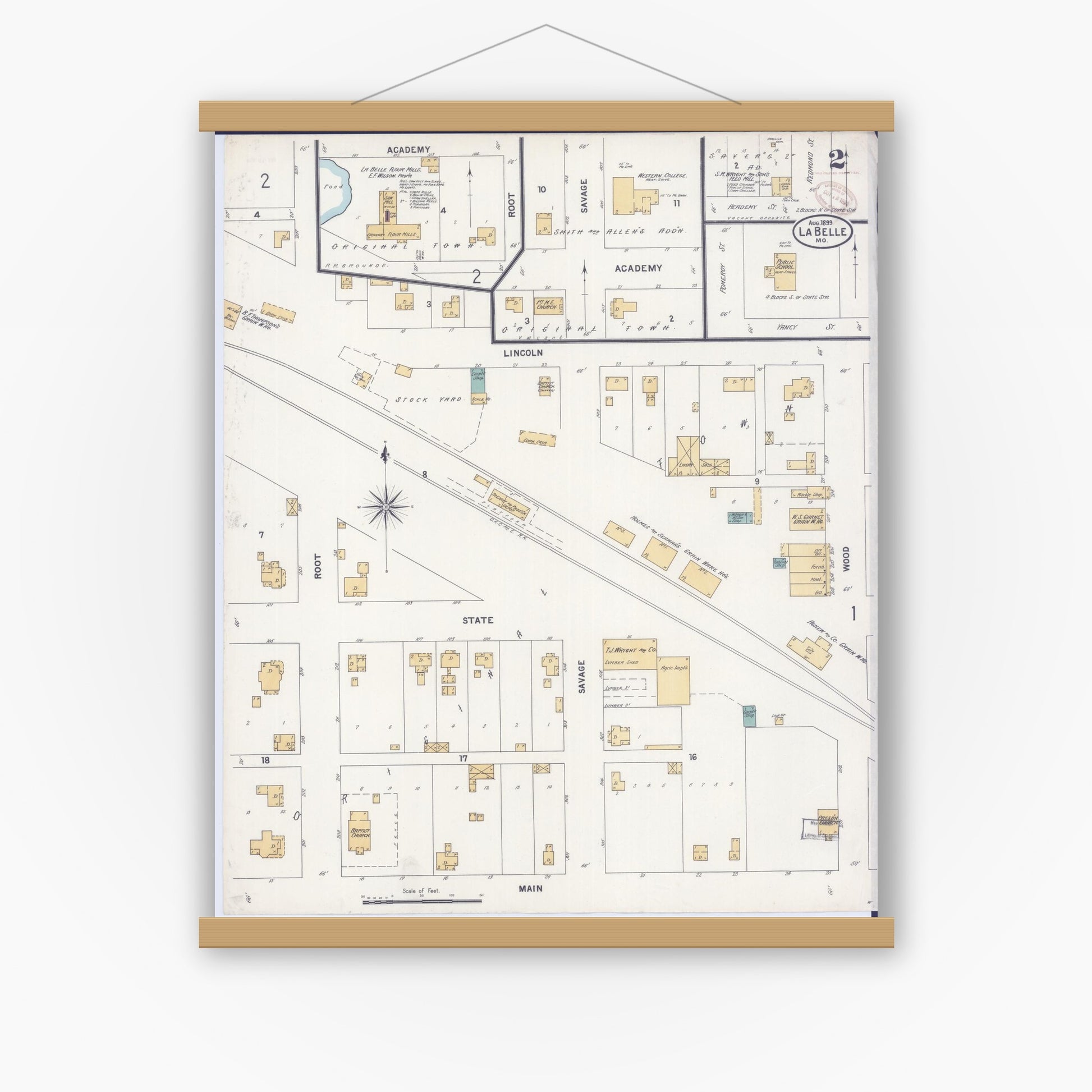 Old map wall art mockup — magnetic wood frame on white wall — Sanborn Fire Insurance Map from La Belle, Lewis County, Missouri (1899), Sheet #0002