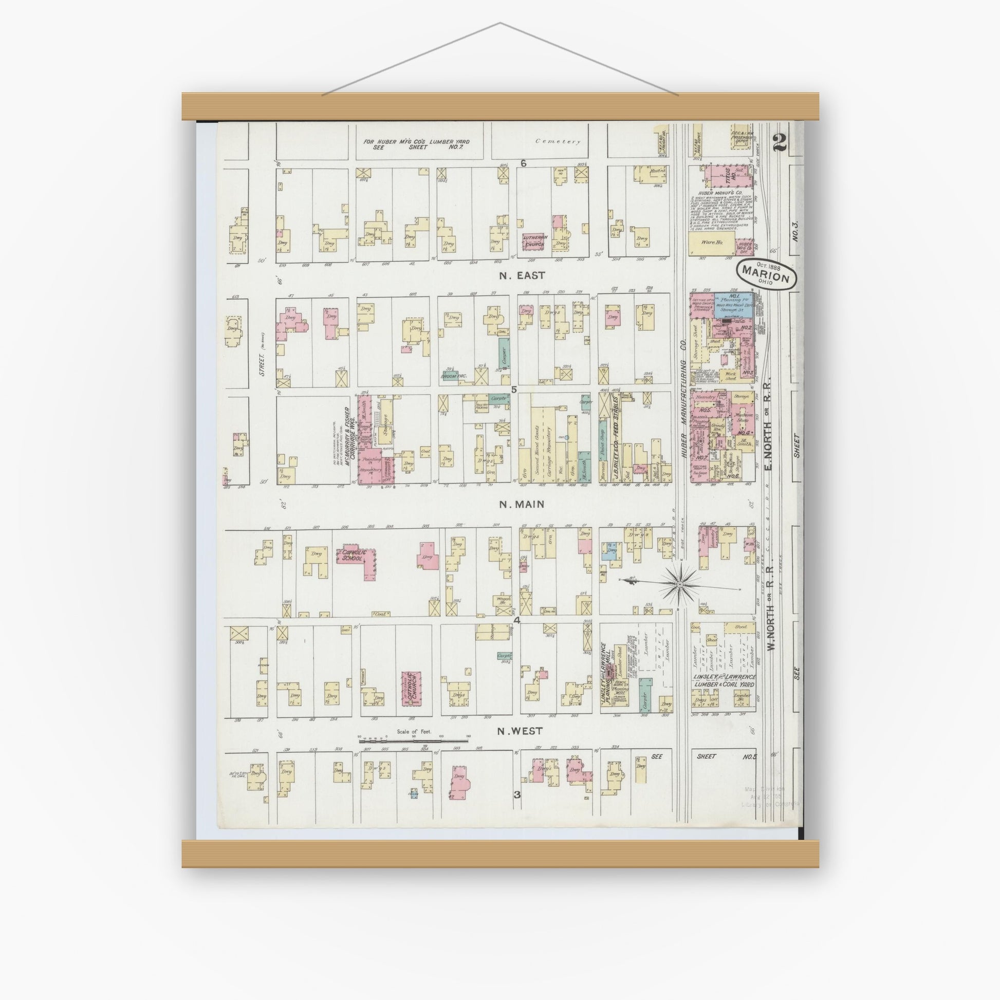 Old map wall art mockup — magnetic wood frame on white wall — Sanborn Fire Insurance Map from Marion, Marion County, Ohio (1888), Sheet #0002