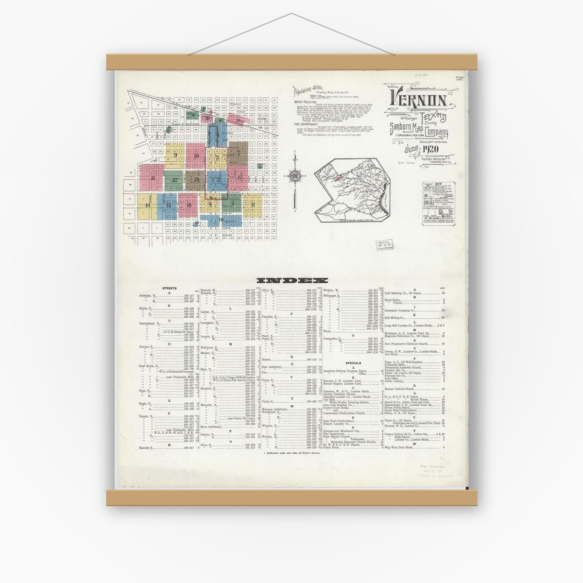 Old map wall art mockup — magnetic wood frame on white wall — Sanborn Fire Insurance Map from Vernon, Wilbarger County, Texas (1920) - Complete Map Set