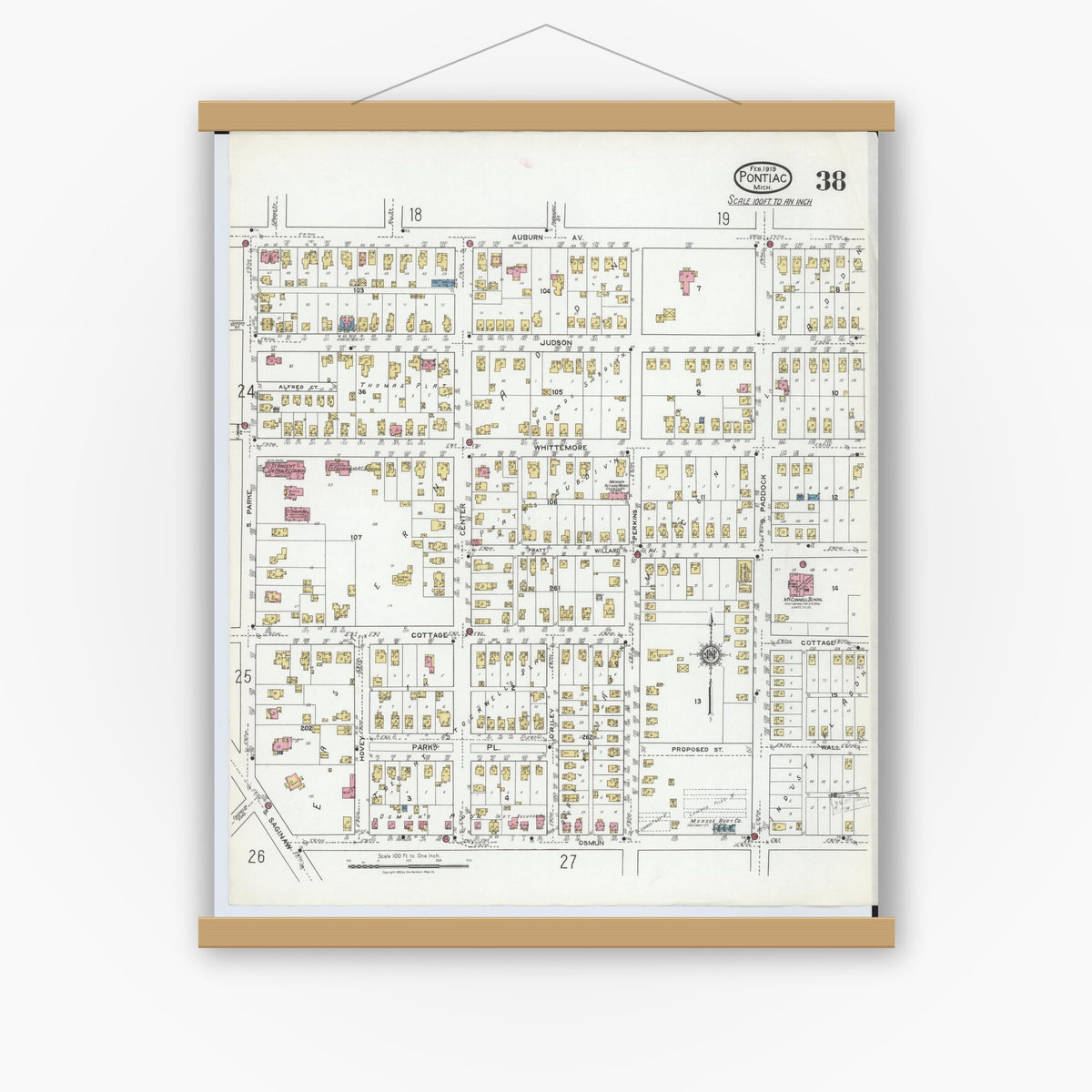 Old map wall art mockup — magnetic wood frame on white wall — Sanborn Fire Insurance Map from Pontiac, Oakland County, Michigan (1919), Sheet #0038