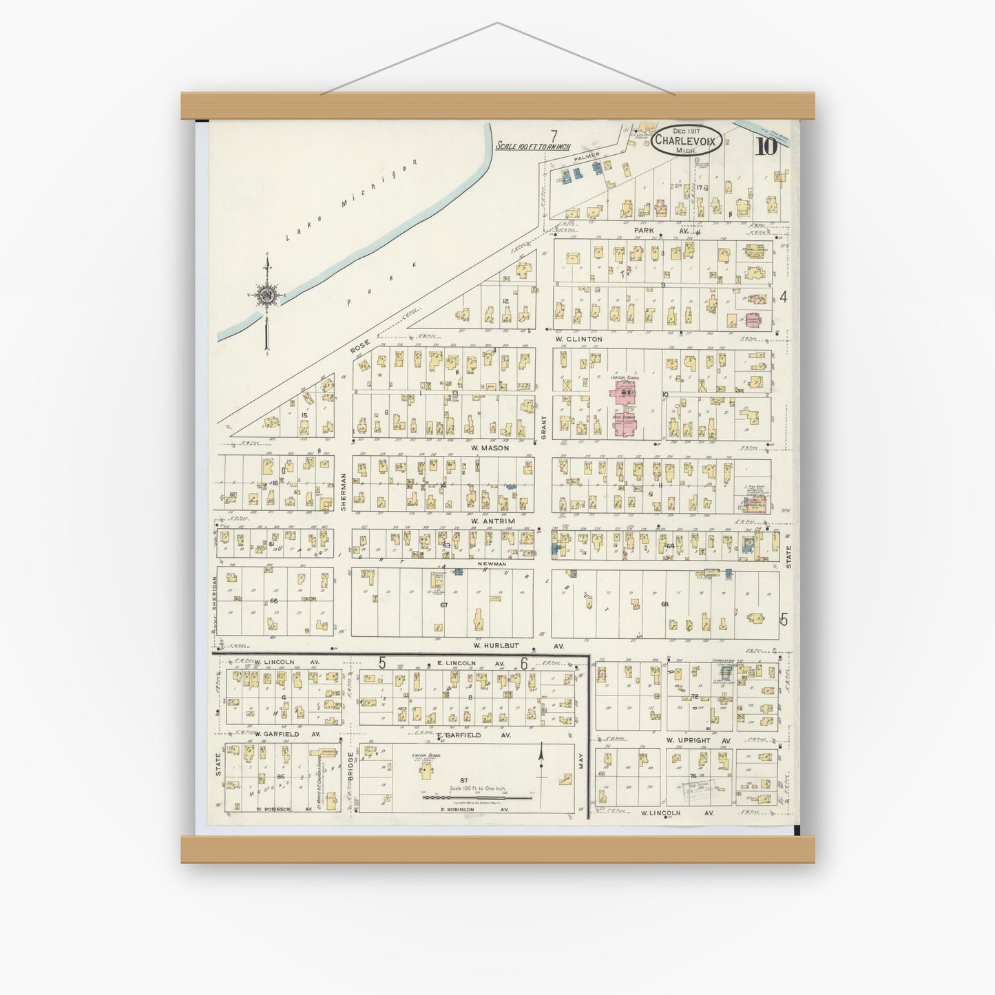 Old map wall art mockup — magnetic wood frame on white wall — Sanborn Fire Insurance Map from Charlevoix, Charlevoix County, Michigan (1917), Sheet #0010