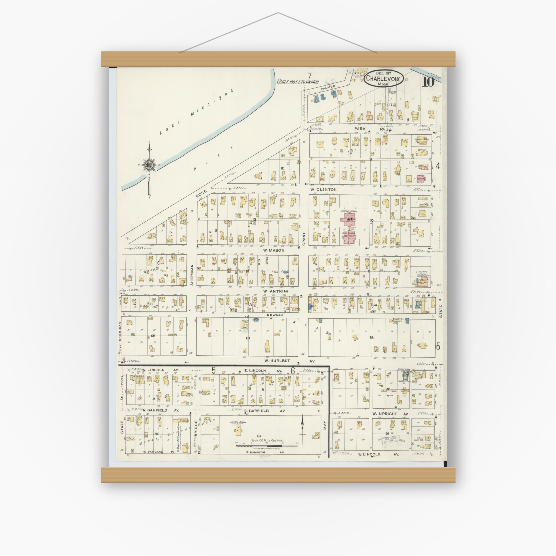 Old map wall art mockup — magnetic wood frame on white wall — Sanborn Fire Insurance Map from Charlevoix, Charlevoix County, Michigan (1917), Sheet #0010