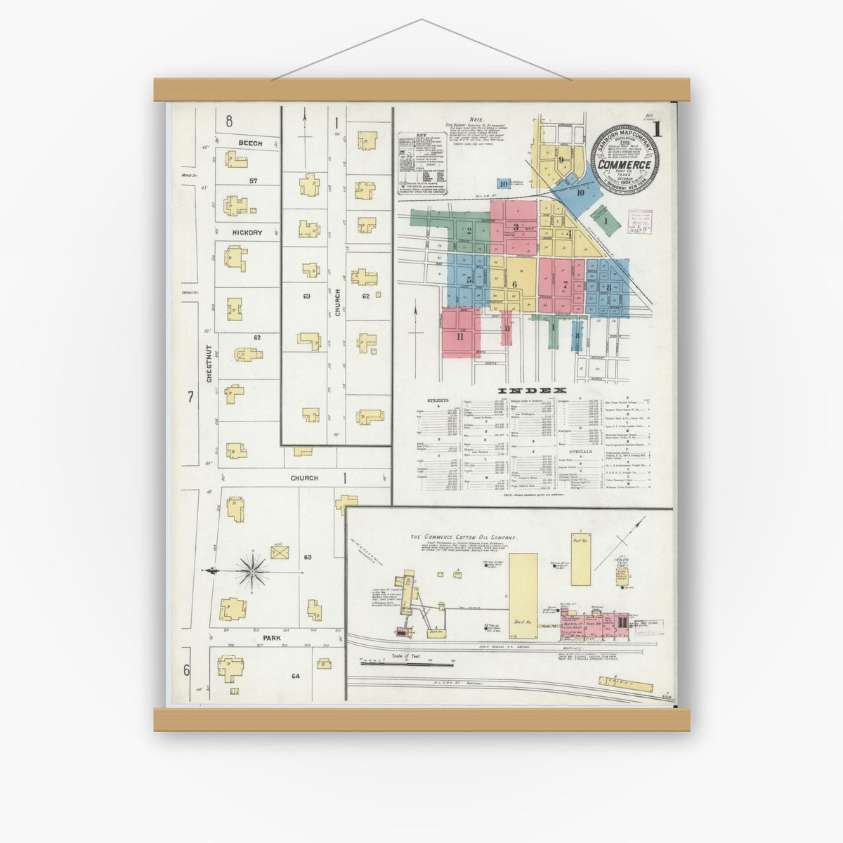 Old map wall art mockup — magnetic wood frame on white wall — Sanborn Fire Insurance Map from Commerce, Hunt County, Texas (1906) - Complete Map Set