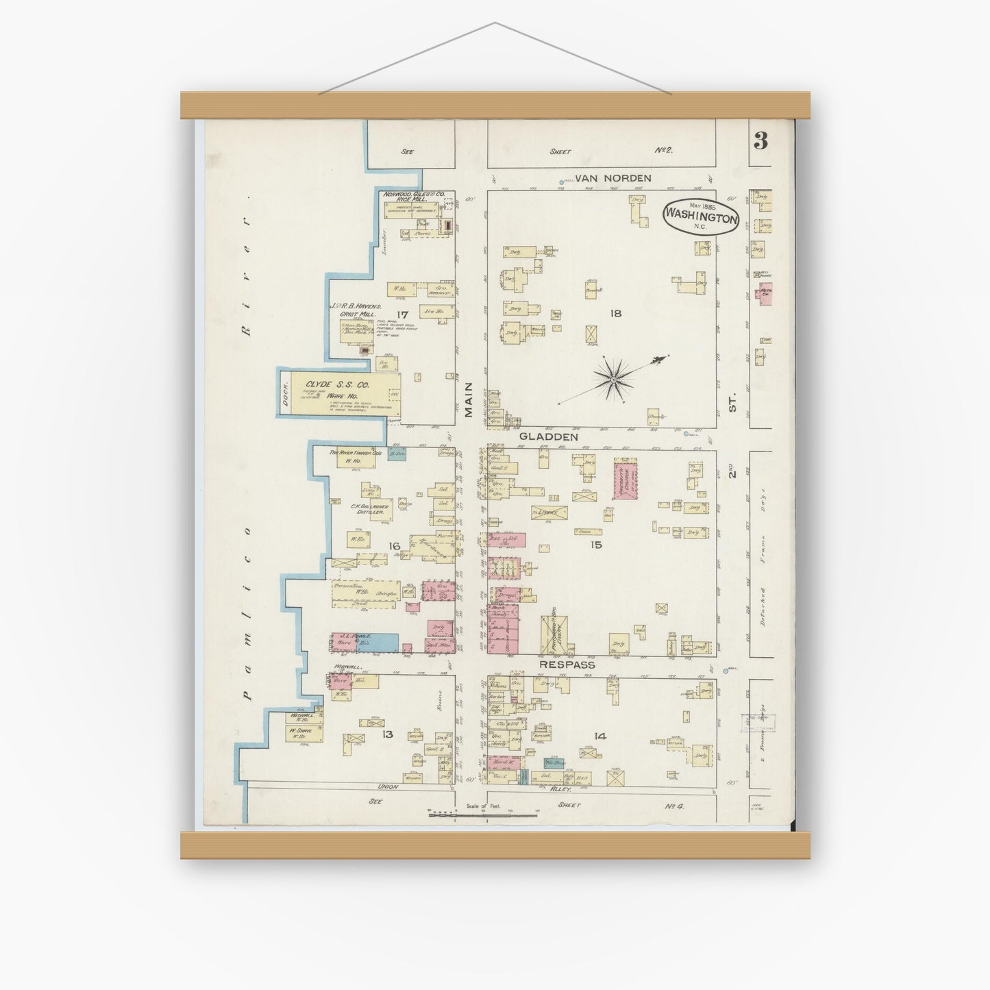 Old map wall art mockup — magnetic wood frame on white wall — Sanborn Fire Insurance Map from Washington, Beaufort County, North Carolina (1885), Sheet #0003