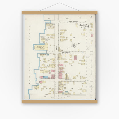 Old map wall art mockup — magnetic wood frame on white wall — Sanborn Fire Insurance Map from Washington, Beaufort County, North Carolina (1885), Sheet #0003