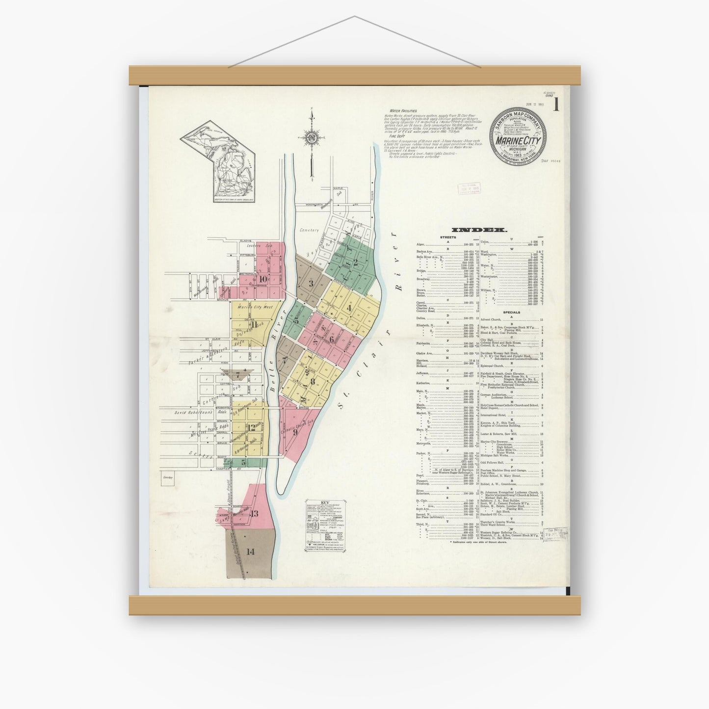 Old map wall art mockup — magnetic wood frame on white wall — Sanborn Fire Insurance Map from Marine City, Saint Clair County, Michigan (1913) - Complete Map Set