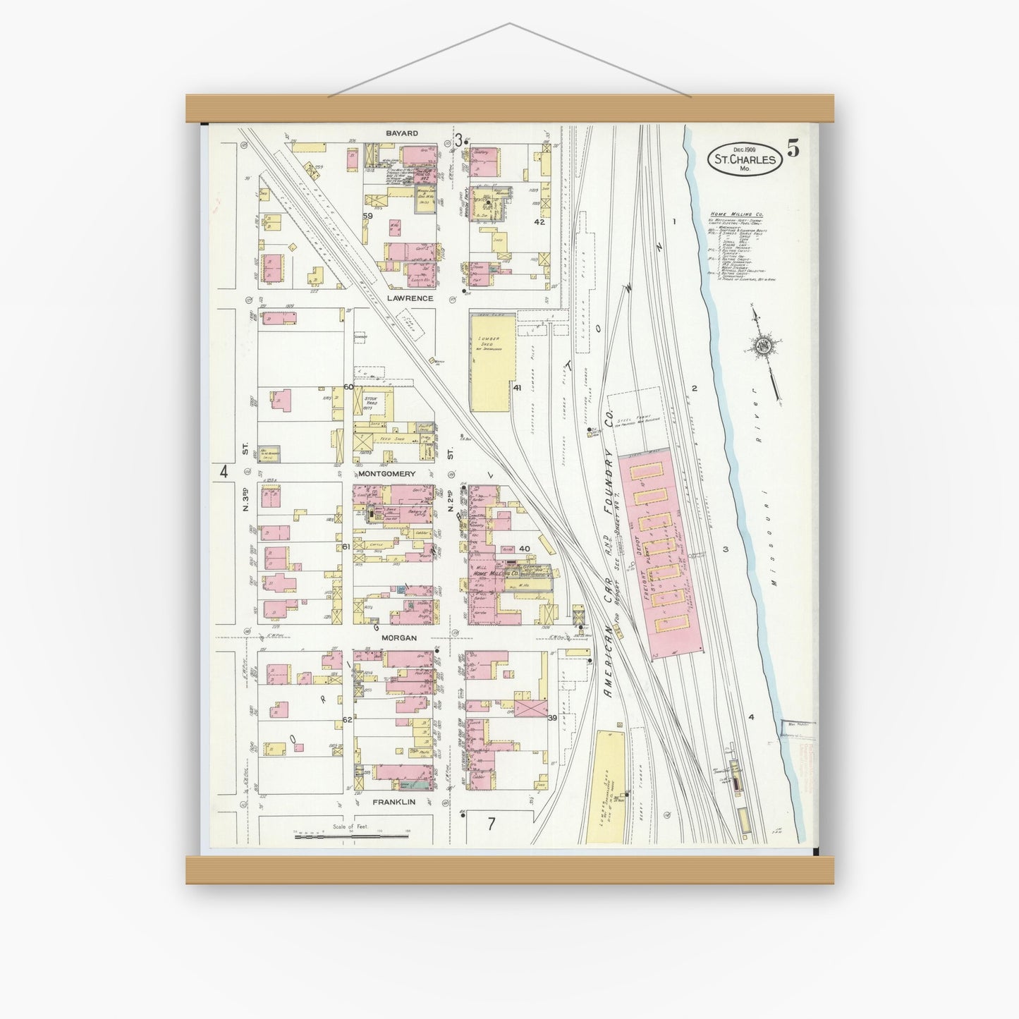 Old map wall art mockup — magnetic wood frame on white wall — Sanborn Fire Insurance Map from Saint Charles, Saint Charles County, Missouri (1909), Sheet #0005