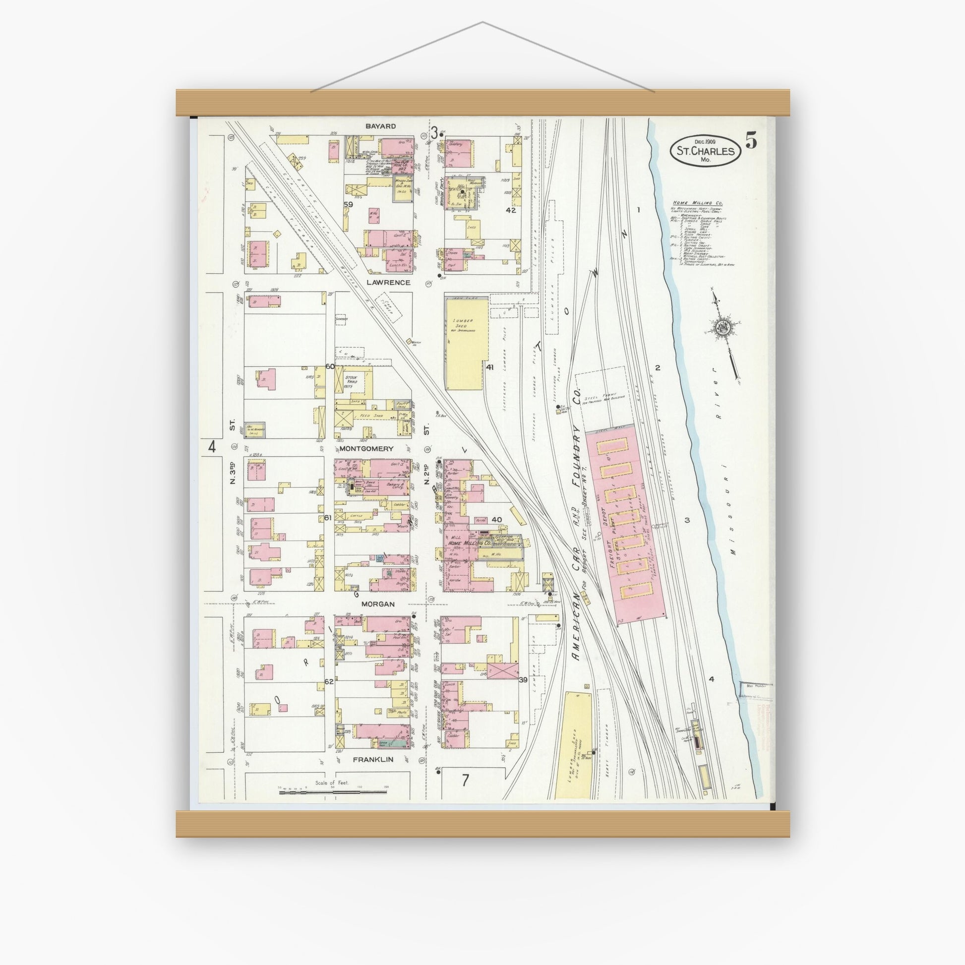 Old map wall art mockup — magnetic wood frame on white wall — Sanborn Fire Insurance Map from Saint Charles, Saint Charles County, Missouri (1909), Sheet #0005