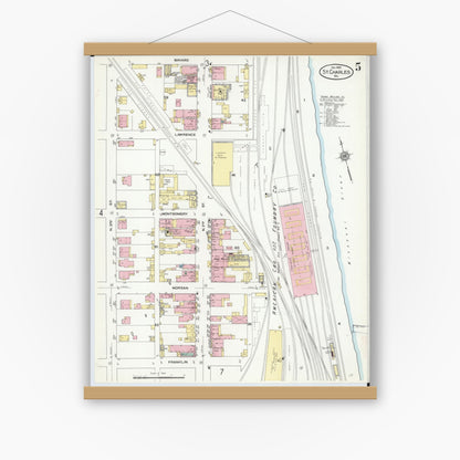 Old map wall art mockup — magnetic wood frame on white wall — Sanborn Fire Insurance Map from Saint Charles, Saint Charles County, Missouri (1909), Sheet #0005