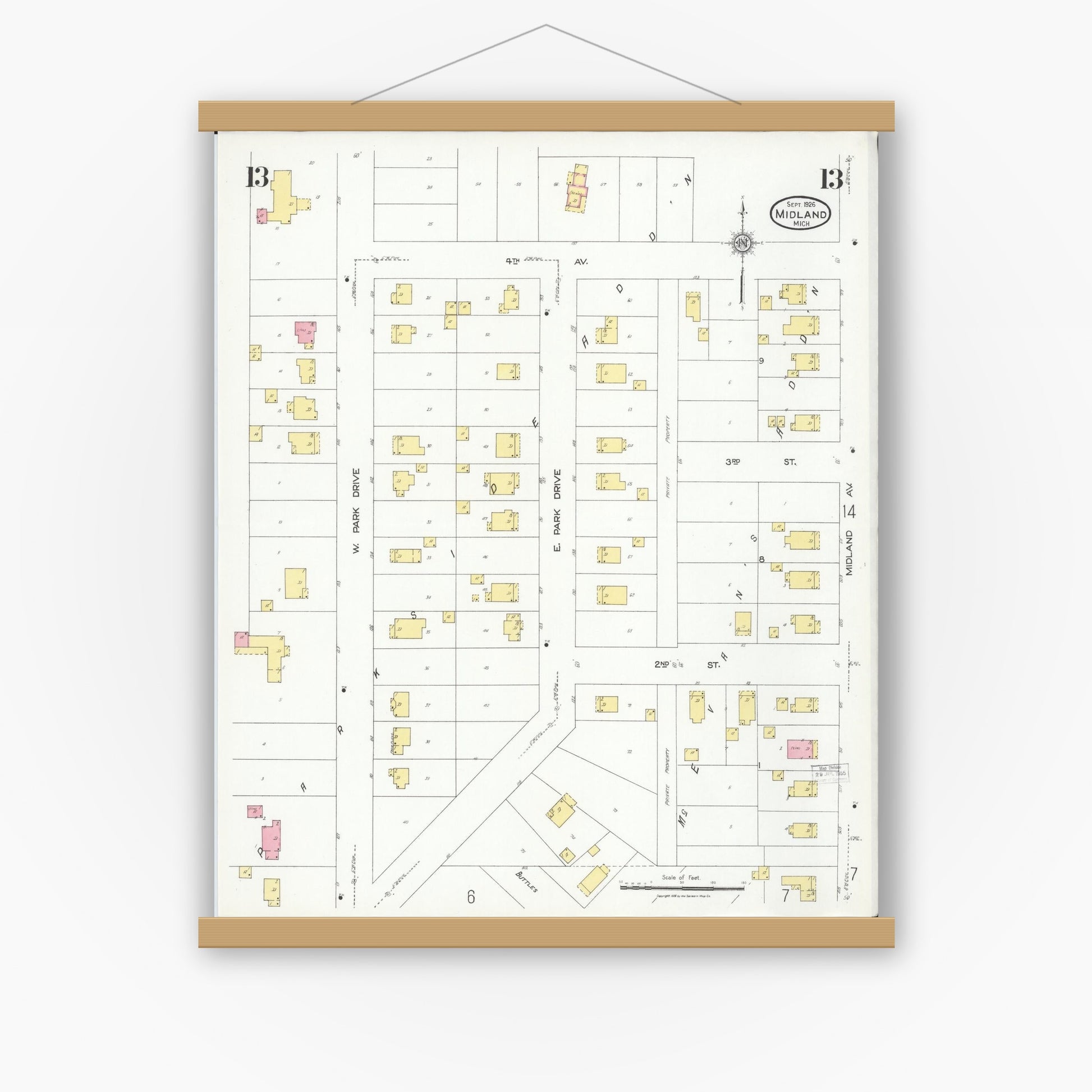 Old map wall art mockup — magnetic wood frame on white wall — Sanborn Fire Insurance Map from Midland, Midland County, Michigan (1926), Sheet #0013