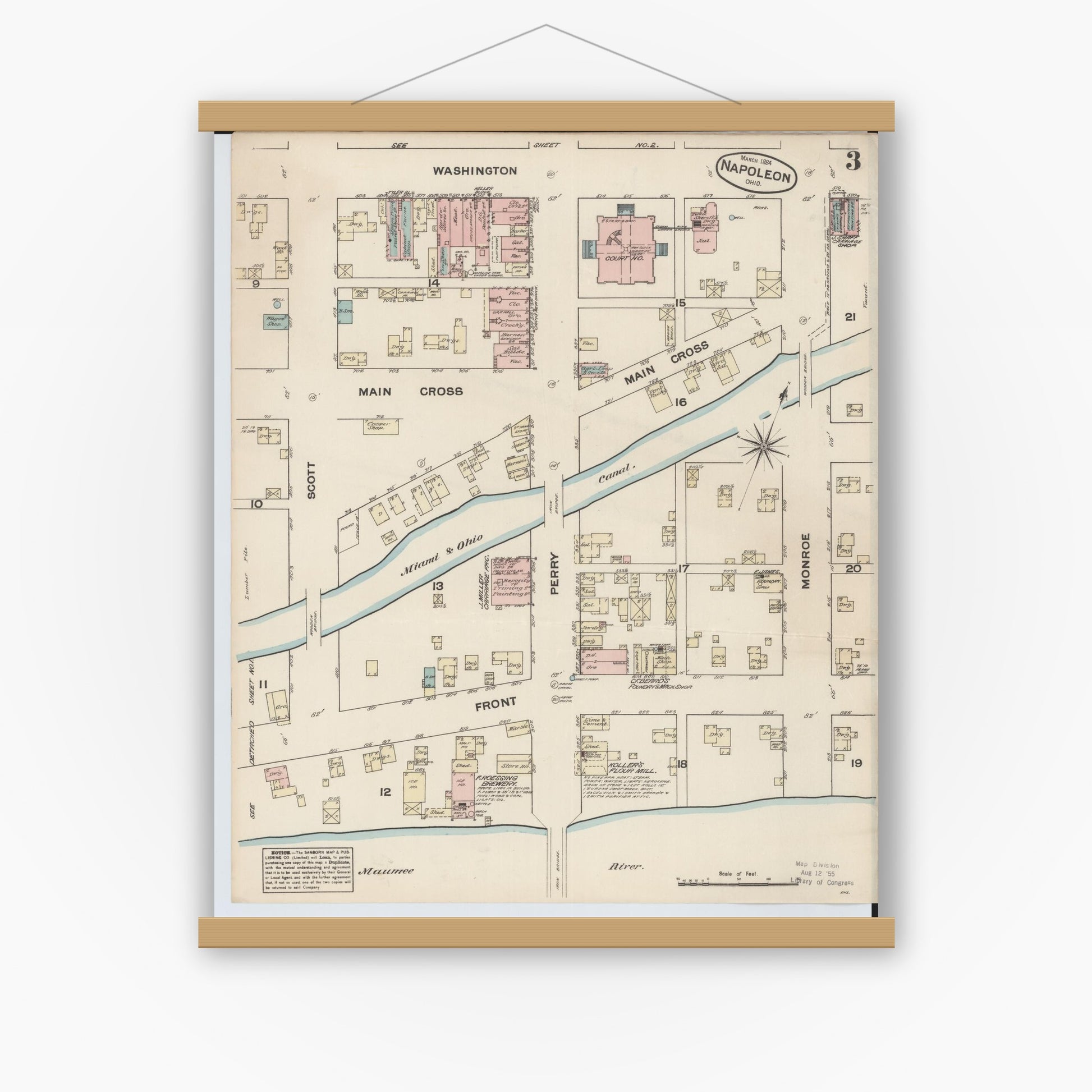 Old map wall art mockup — magnetic wood frame on white wall — Sanborn Fire Insurance Map from Napoleon, Henry County, Ohio (1884), Sheet #0003