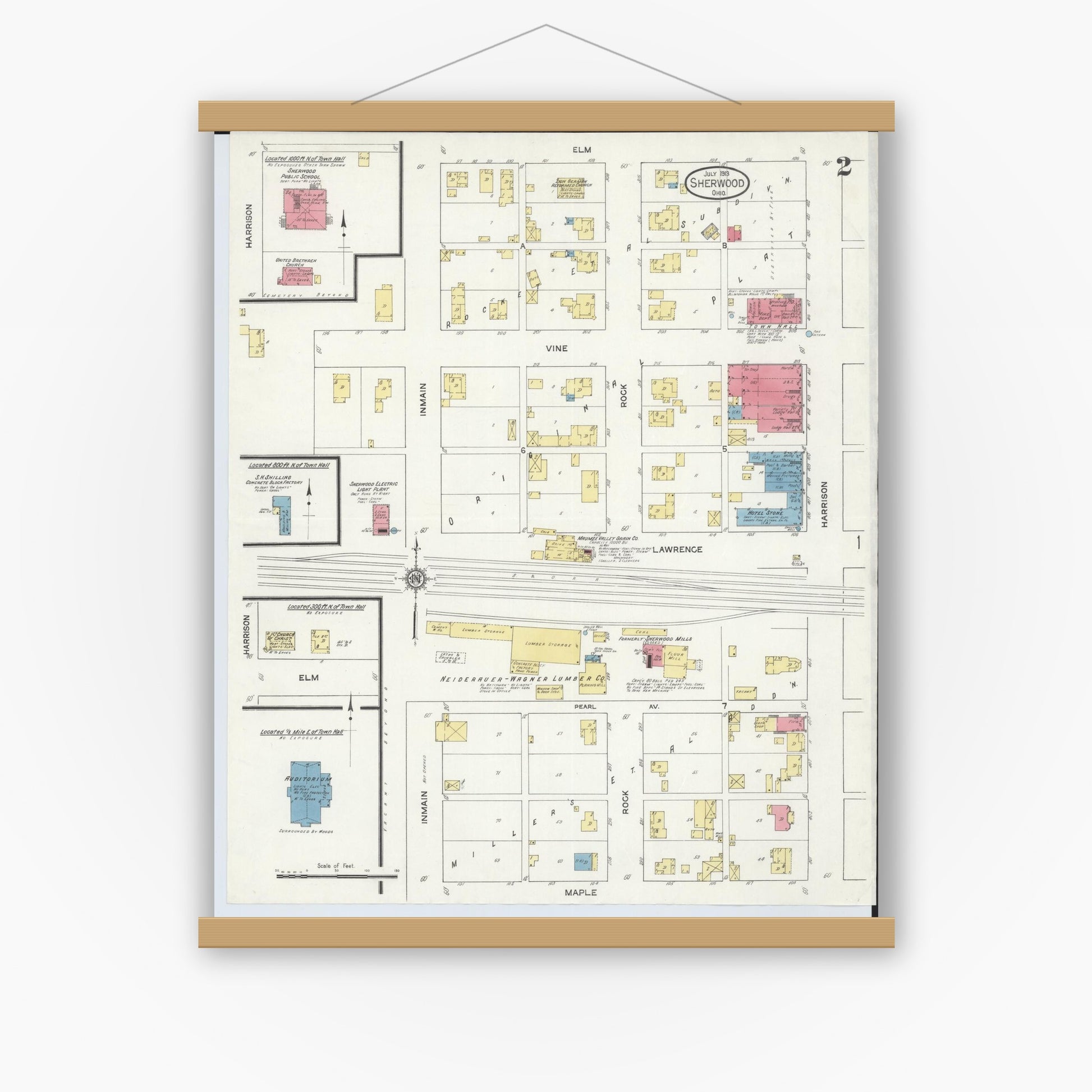 Old map wall art mockup — magnetic wood frame on white wall — Sanborn Fire Insurance Map from Sherwood, Defiance County, Ohio (1913), Sheet #0002