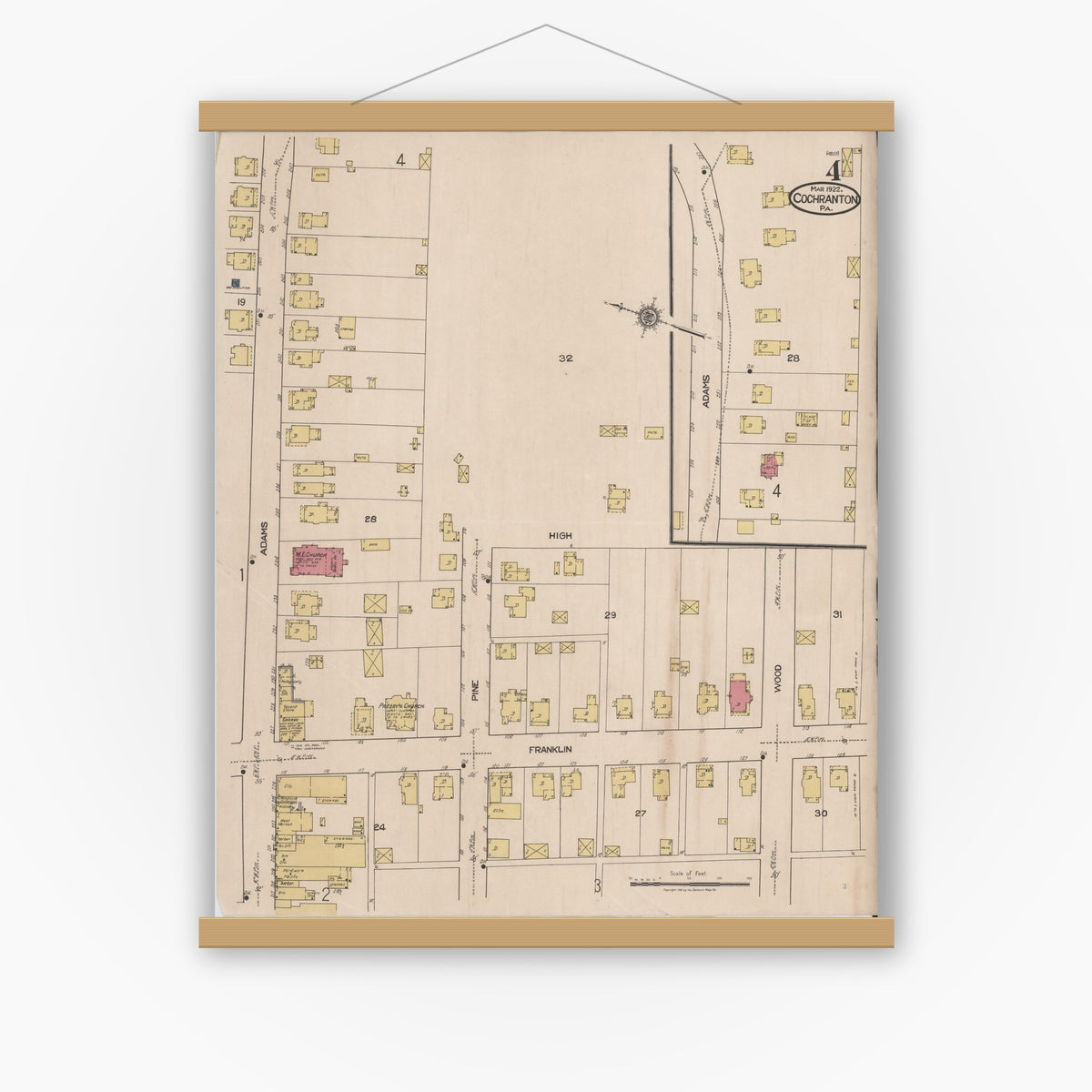 Old map wall art mockup — magnetic wood frame on white wall — Sanborn Fire Insurance Map from Cochranton, Crawford County, Pennsylvania (1922), Sheet #0004