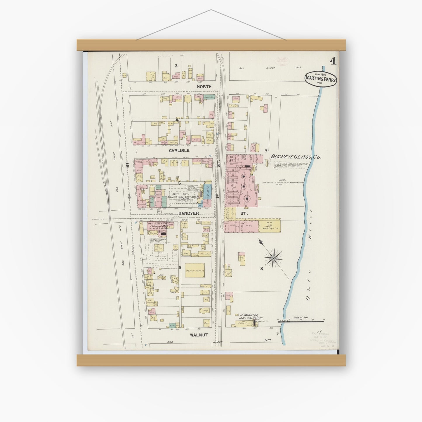 Old map wall art mockup — magnetic wood frame on white wall — Sanborn Fire Insurance Map from Martins Ferry, Belmont County, Ohio (1890), Sheet #0004