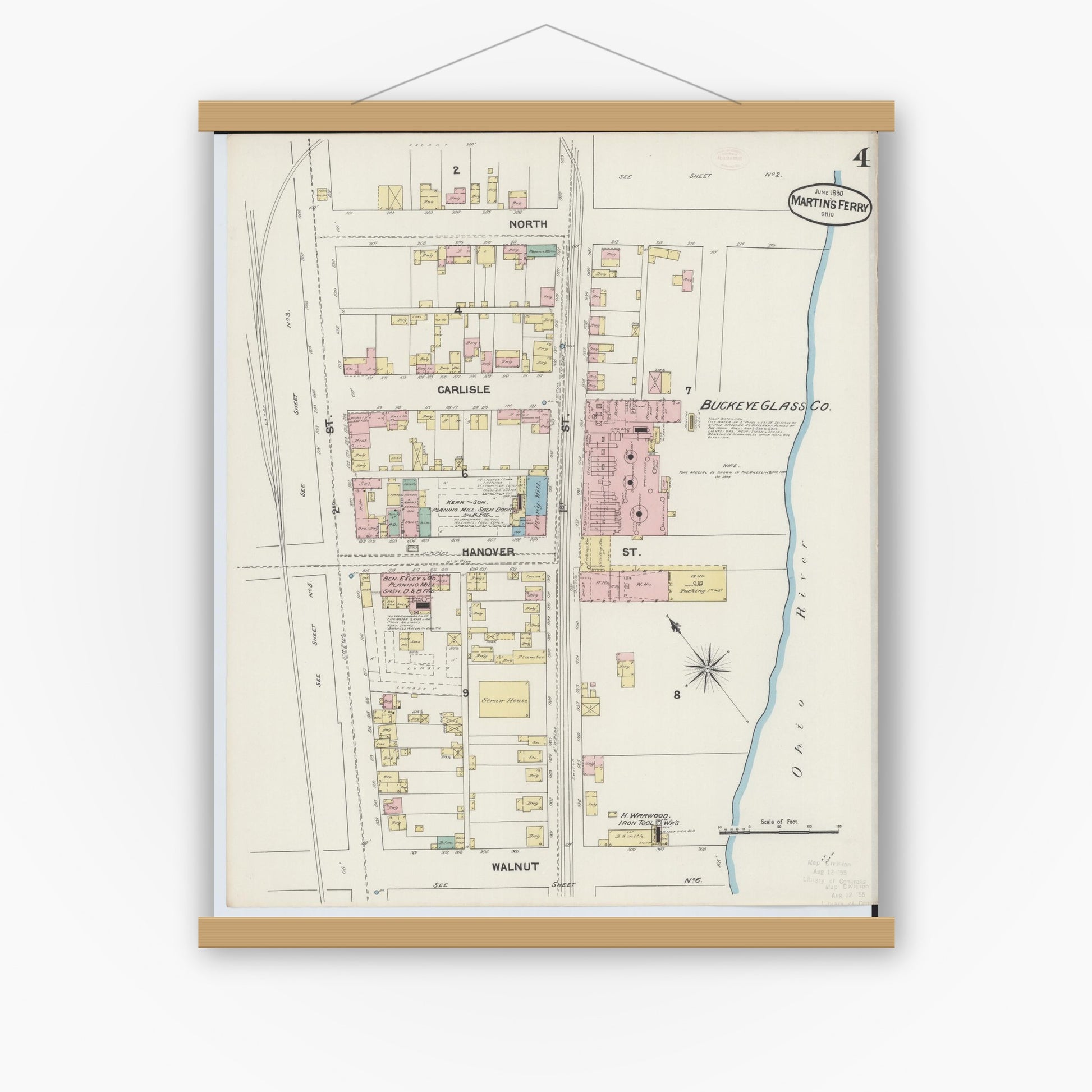 Old map wall art mockup — magnetic wood frame on white wall — Sanborn Fire Insurance Map from Martins Ferry, Belmont County, Ohio (1890), Sheet #0004