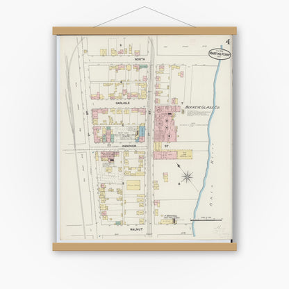 Old map wall art mockup — magnetic wood frame on white wall — Sanborn Fire Insurance Map from Martins Ferry, Belmont County, Ohio (1890), Sheet #0004