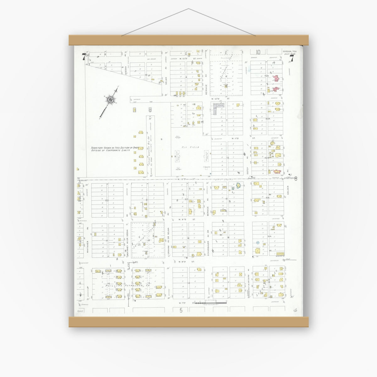 Old map wall art mockup — magnetic wood frame on white wall — Sanborn Fire Insurance Map from Odessa, Edger County, Texas (1939), Sheet #0007