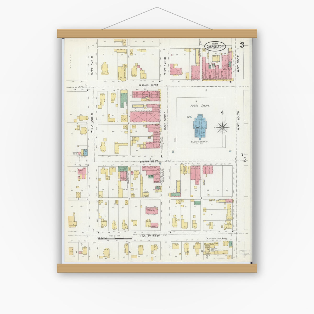 Old map wall art mockup — magnetic wood frame on white wall — Sanborn Fire Insurance Map from Carrollton, Greene County, Illinois (1898), Sheet #0003