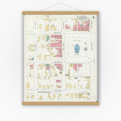Old map wall art mockup — magnetic wood frame on white wall — Sanborn Fire Insurance Map from Carrollton, Greene County, Illinois (1898), Sheet #0003