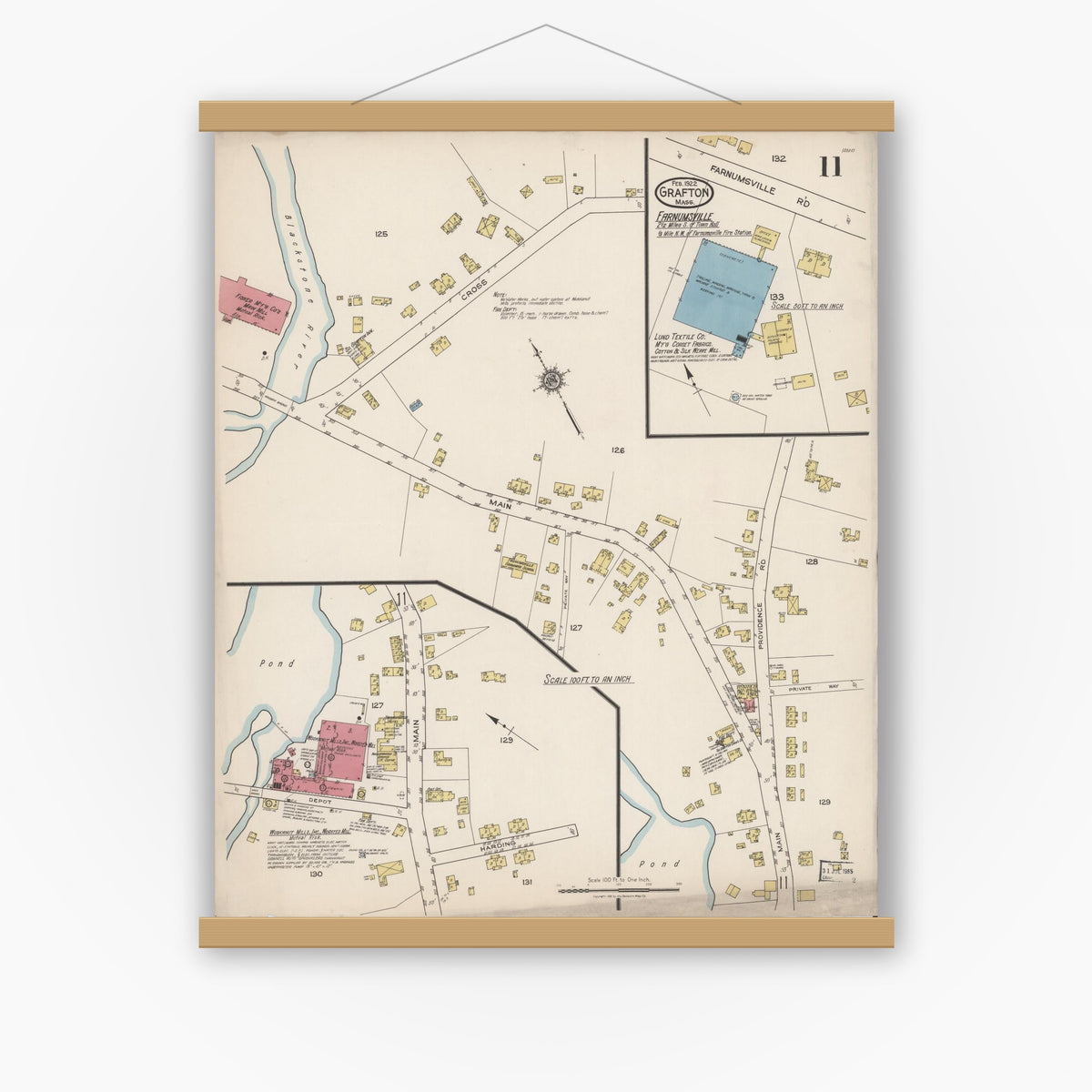 Old map wall art mockup — magnetic wood frame on white wall — Sanborn Fire Insurance Map from Grafton, Worcester County, Massachusetts (1922), Sheet #0011