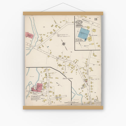 Old map wall art mockup — magnetic wood frame on white wall — Sanborn Fire Insurance Map from Grafton, Worcester County, Massachusetts (1922), Sheet #0011