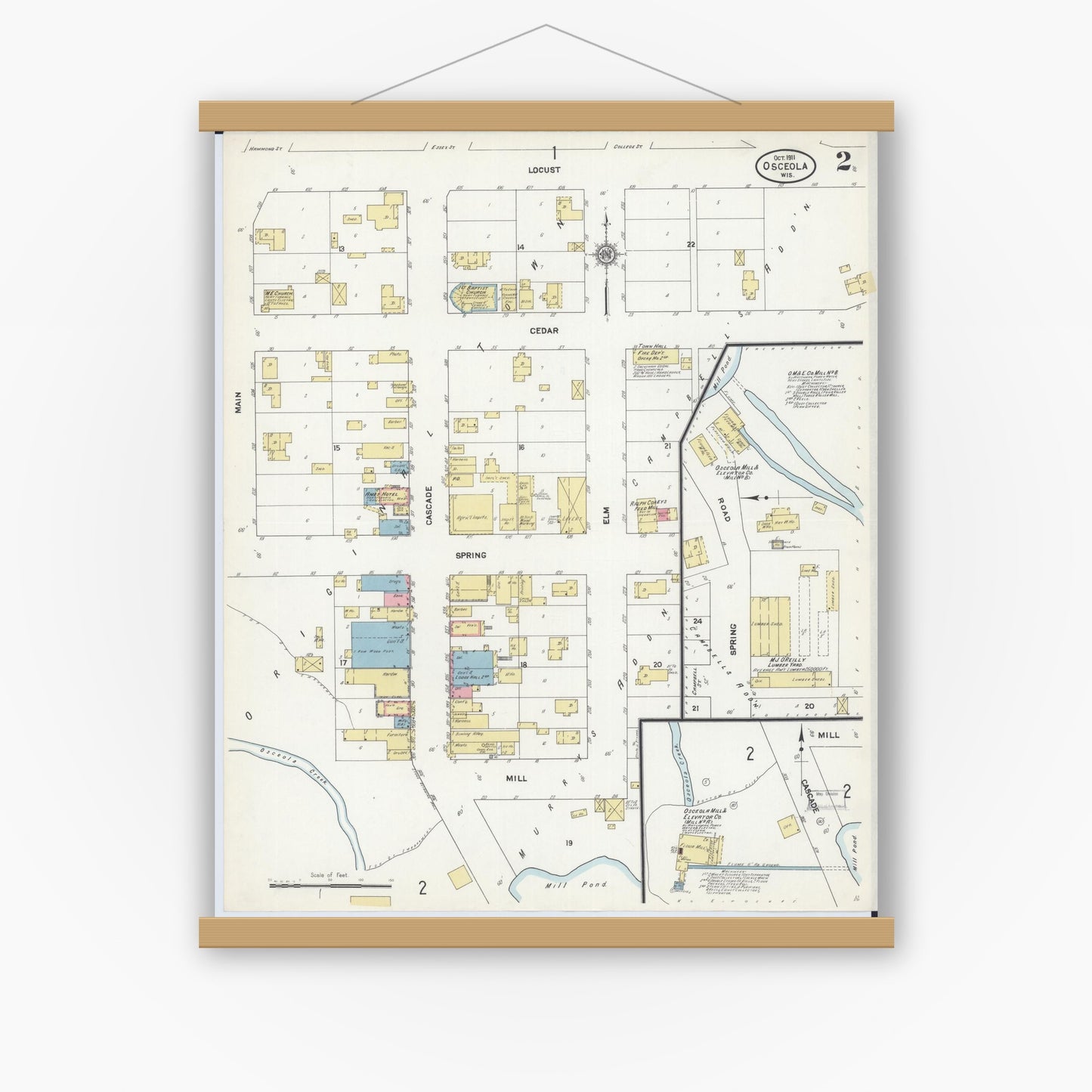Old map wall art mockup — magnetic wood frame on white wall — Sanborn Fire Insurance Map from Osceola, Polk County, Wisconsin (1911), Sheet #0002