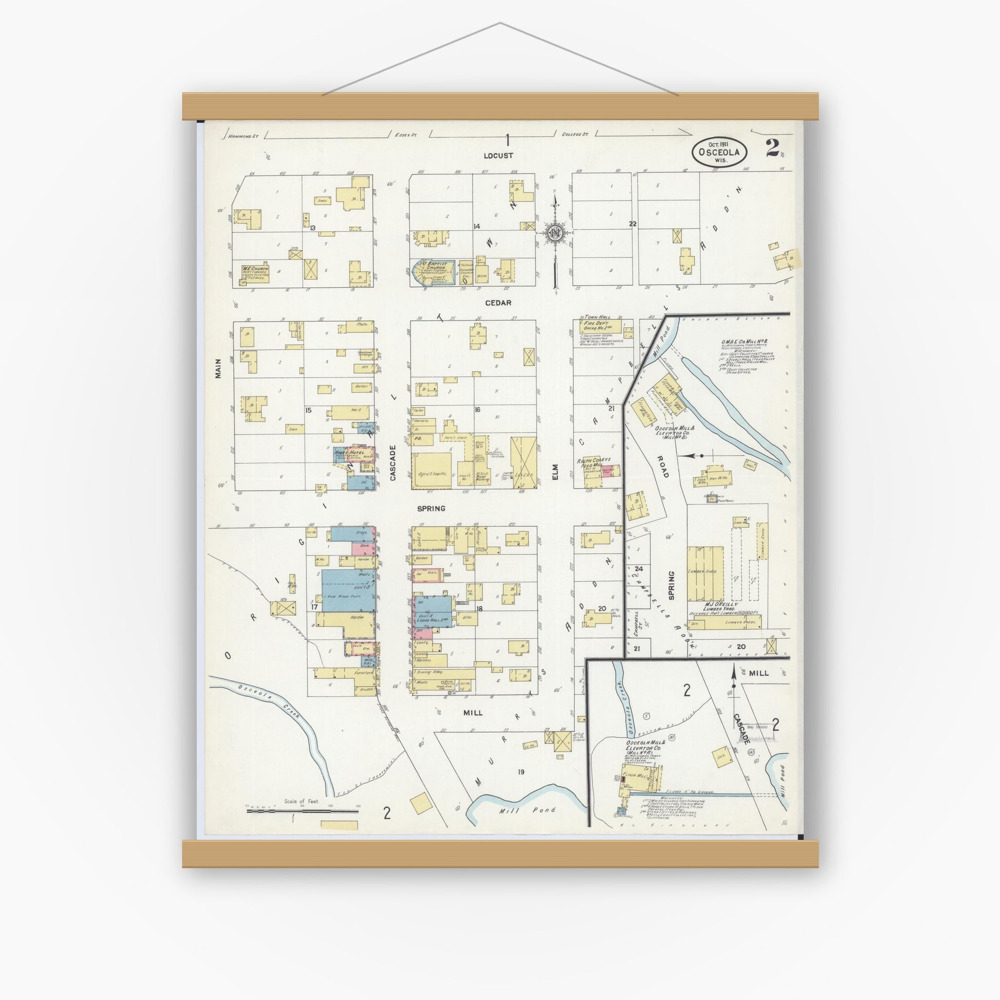 Old map wall art mockup — magnetic wood frame on white wall — Sanborn Fire Insurance Map from Osceola, Polk County, Wisconsin (1911), Sheet #0002