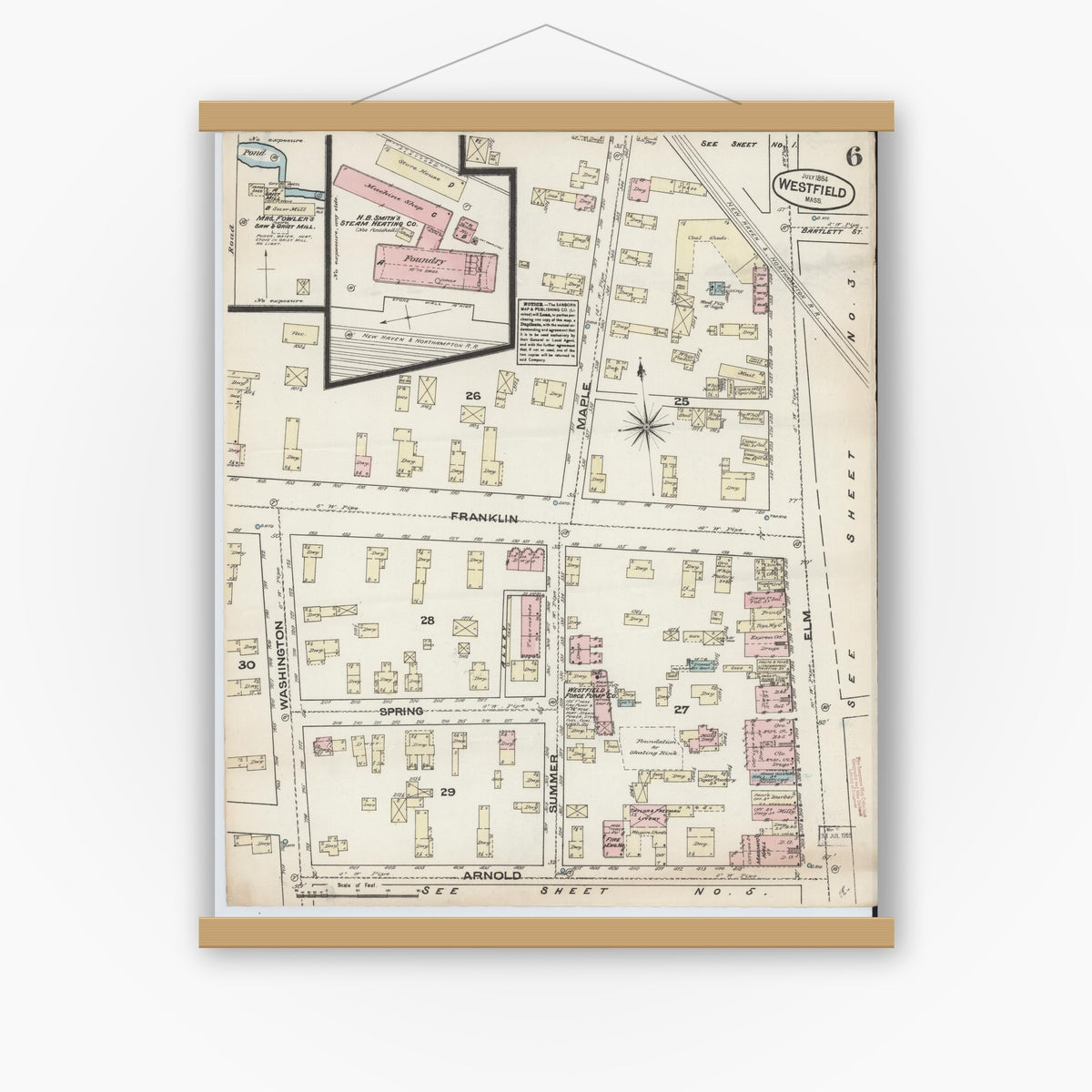 Old map wall art mockup — magnetic wood frame on white wall — Sanborn Fire Insurance Map from Westfield, Hampden County, Massachusetts (1884), Sheet #0006