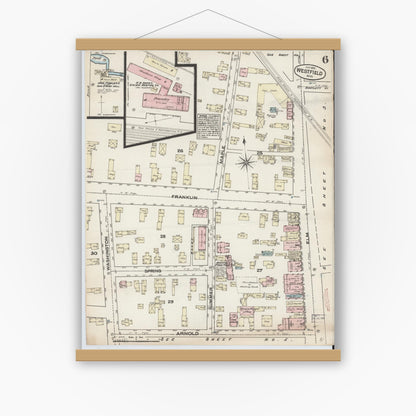 Old map wall art mockup — magnetic wood frame on white wall — Sanborn Fire Insurance Map from Westfield, Hampden County, Massachusetts (1884), Sheet #0006