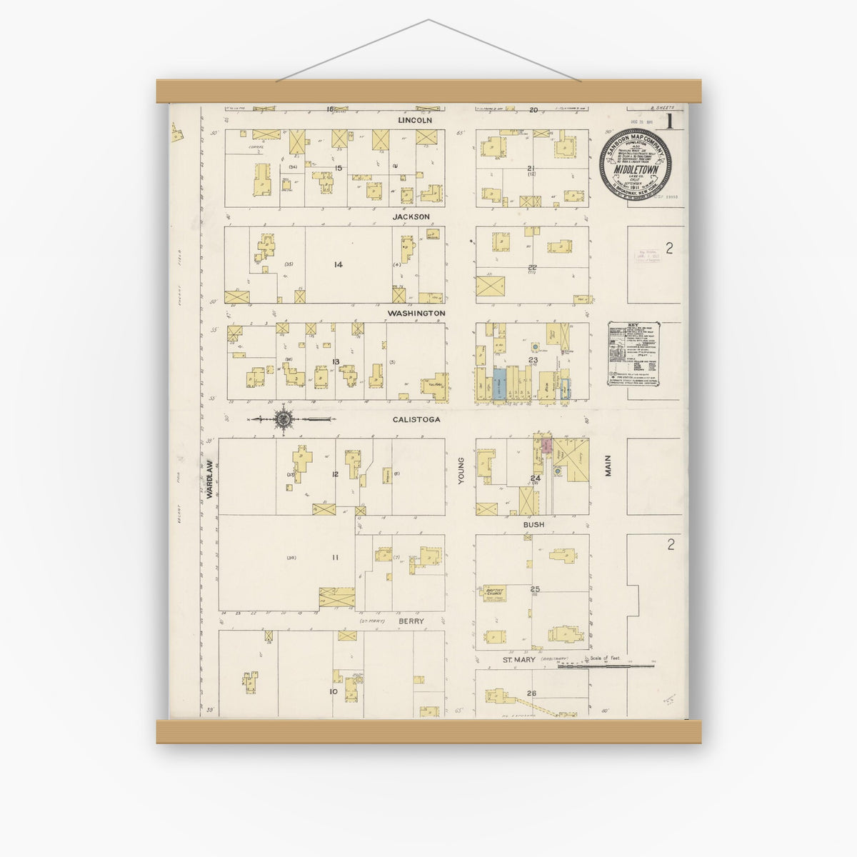Old map wall art mockup — magnetic wood frame on white wall — Sanborn Fire Insurance Map from Middletown, Lake County, California (1911) - Complete Map Set