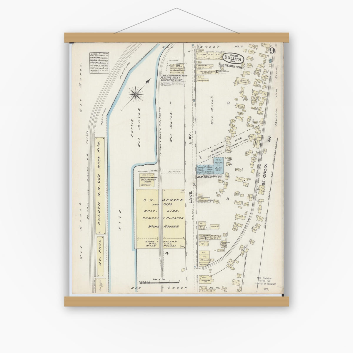 Old map wall art mockup — magnetic wood frame on white wall — Sanborn Fire Insurance Map from Duluth, Saint Louis County, Minnesota (1884), Sheet #0009