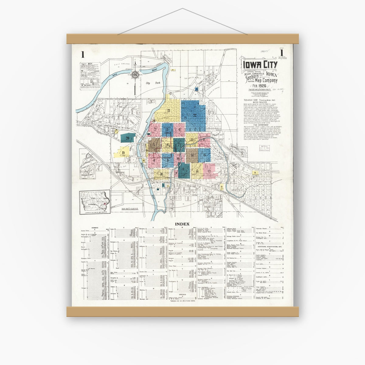 Old map wall art mockup — magnetic wood frame on white wall — Sanborn Fire Insurance Map from Iowa City, Johnson County, Iowa (1926) â€” Complete Set