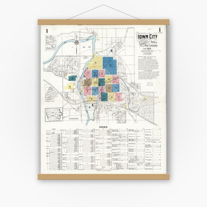 Old map wall art mockup — magnetic wood frame on white wall — Sanborn Fire Insurance Map from Iowa City, Johnson County, Iowa (1926) â€” Complete Set