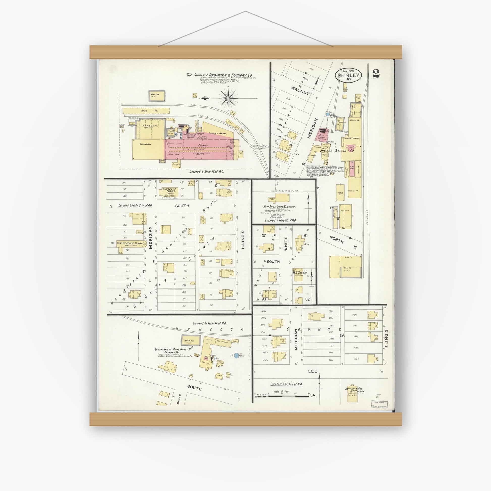 Old map wall art mockup — magnetic wood frame on white wall — Sanborn Fire Insurance Map from Shirley, Hancock And Henry Counties, Indiana (1908), Sheet #0002