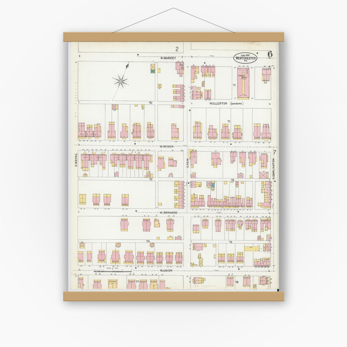 Old map wall art mockup — magnetic wood frame on white wall — Sanborn Fire Insurance Map from West Chester, Chester County, Pennsylvania (1902), Sheet #0006