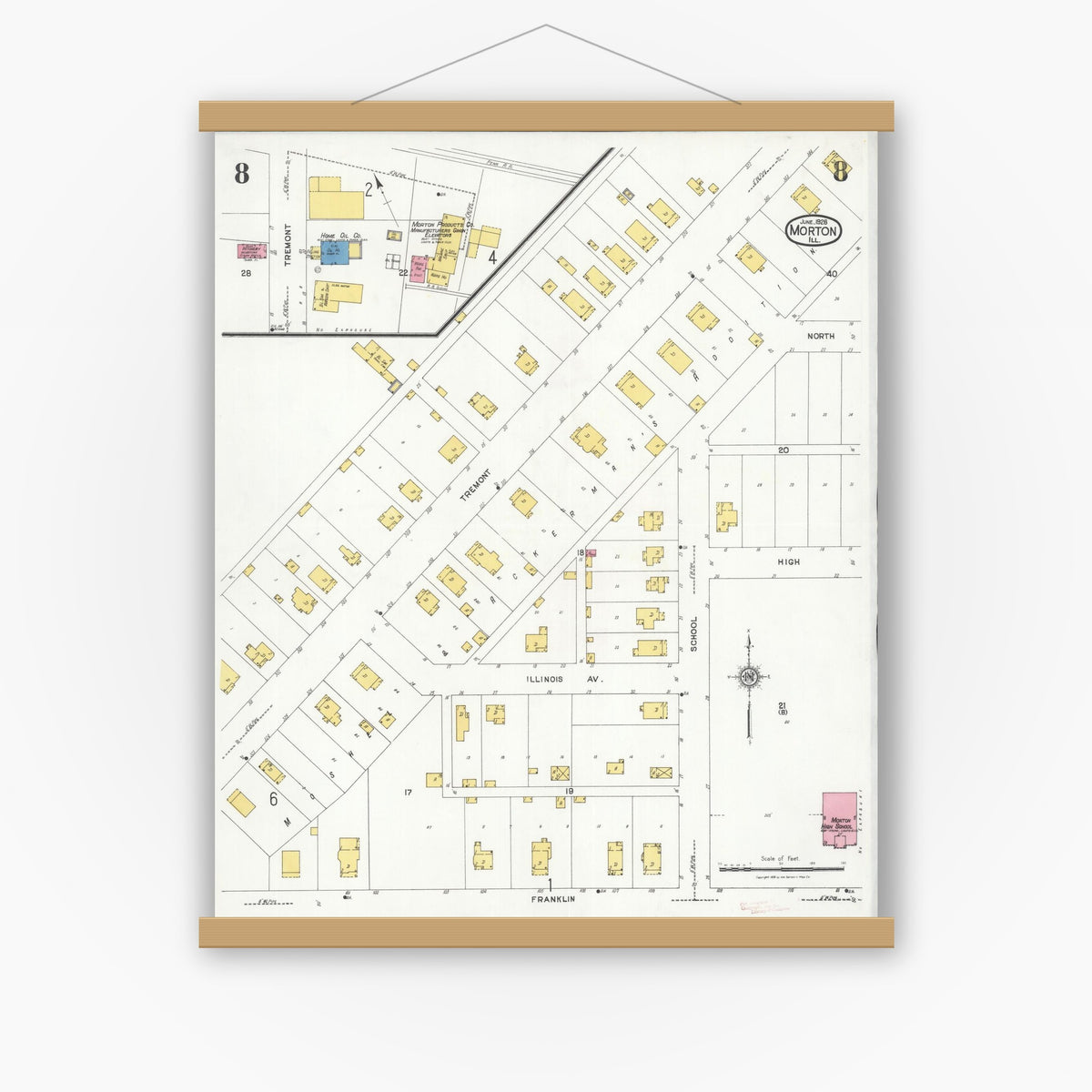 Old map wall art mockup — magnetic wood frame on white wall — Sanborn Fire Insurance Map from Morton, Tazewell County, Illinois (1926), Sheet #0008