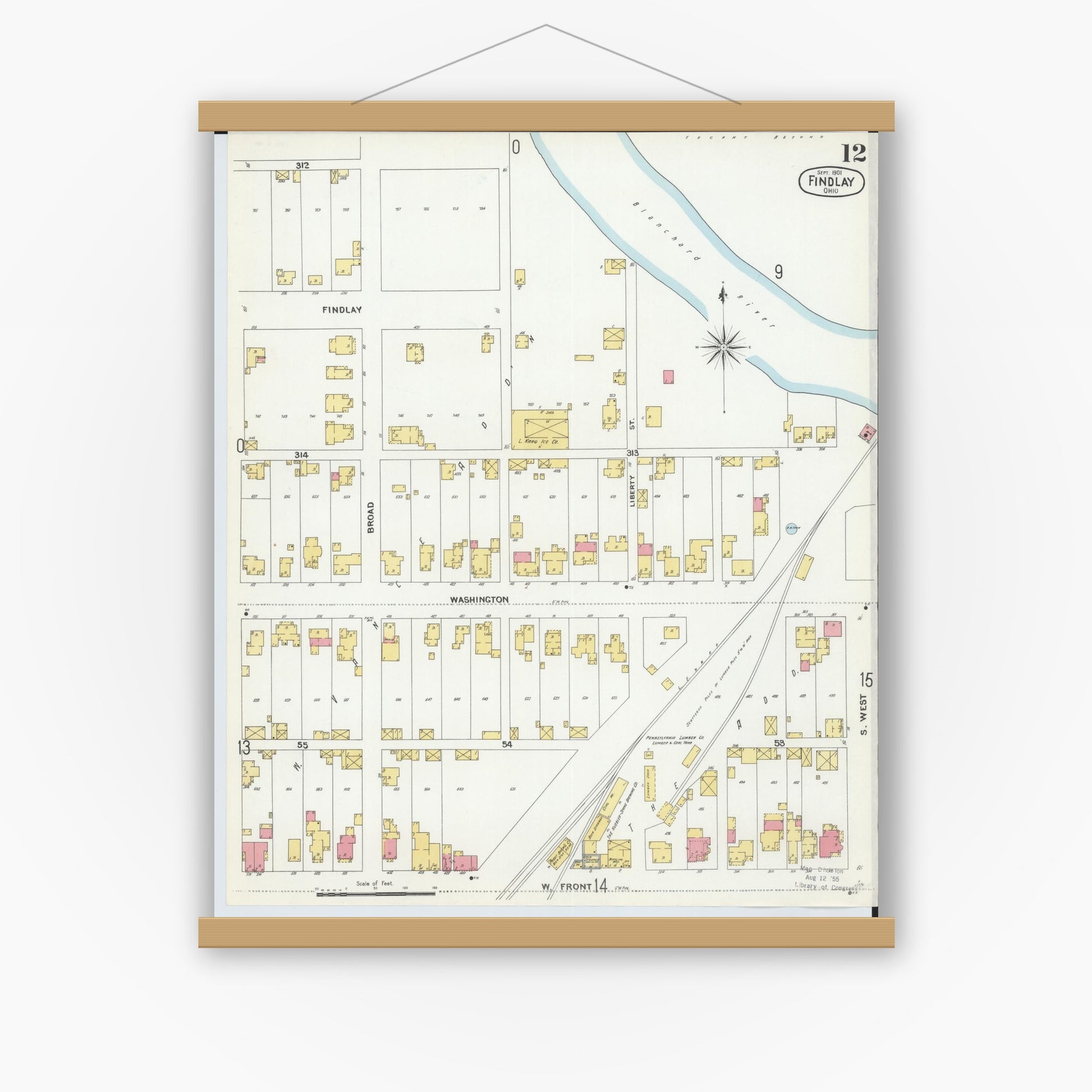 Old map wall art mockup — magnetic wood frame on white wall — Sanborn Fire Insurance Map from Findlay, Hancock County, Ohio (1901), Sheet #0012