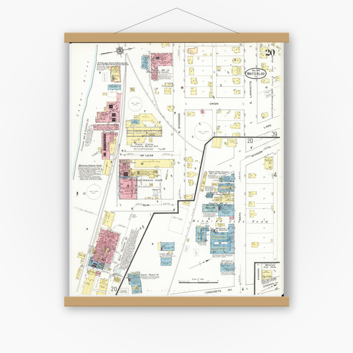 Old map wall art mockup — magnetic wood frame on white wall — Sanborn Fire Insurance Map from Waterloo, Black Hawk County, Iowa (1910), Sheet #0020