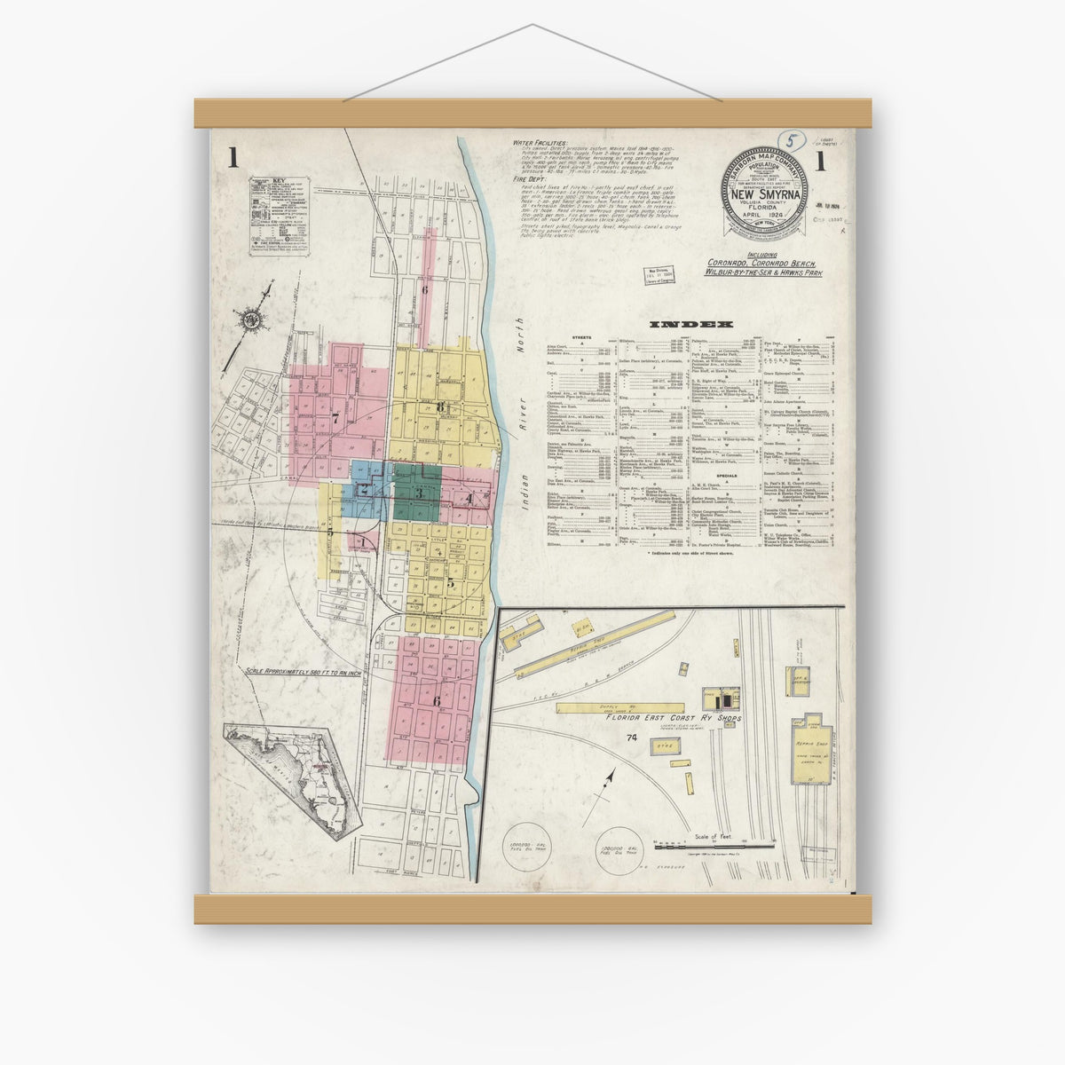 Old map wall art mockup — magnetic wood frame on white wall — Sanborn Fire Insurance Map from New Smyrna, Valusia County, Florida (1924) - Complete Map Set