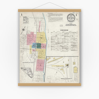 Old map wall art mockup — magnetic wood frame on white wall — Sanborn Fire Insurance Map from New Smyrna, Valusia County, Florida (1924) - Complete Map Set